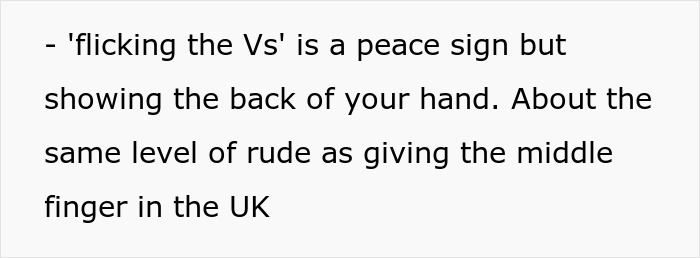 Text explaining the rude meaning of flicking the Vs gesture similar to giving the middle finger in the UK.