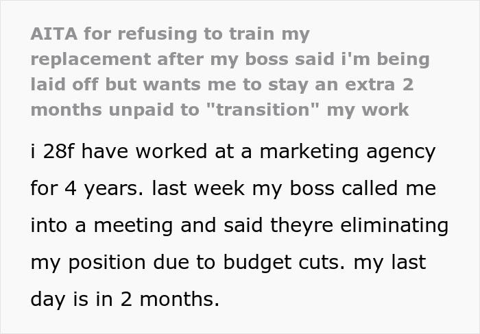 Text excerpt about employee refusing to train replacement without pay after being laid off, boss threatens reference.