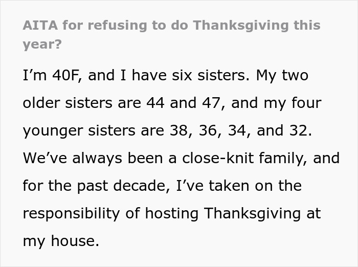 Woman asking for a break in hosting traditional family Thanksgiving, facing criticism from her sisters in a close-knit family. Woman asking for a break in hosting traditional family Thanksgiving, facing criticism from her sisters in a close-knit family.
