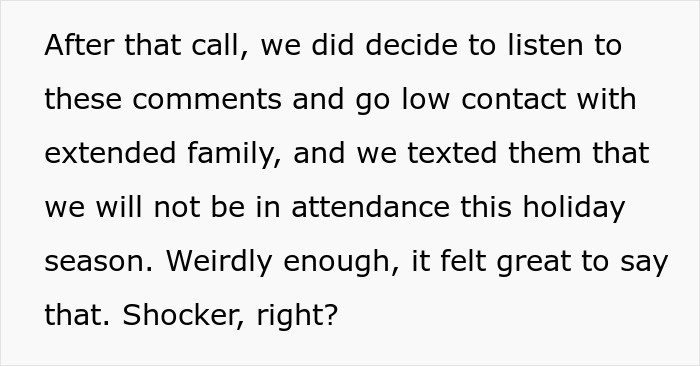 Text on a white background about deciding to go low contact with extended family and not attending the holiday season. Text on a white background about deciding to go low contact with extended family and not attending the holiday season.