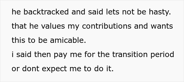 Text conversation showing employee demanding pay for training replacement during transition after layoff. Text conversation showing employee demanding pay for training replacement during transition after layoff.