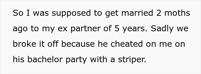 Text excerpt explaining a broken engagement due to cheating, related to wedding dress drama and sister disbelief.