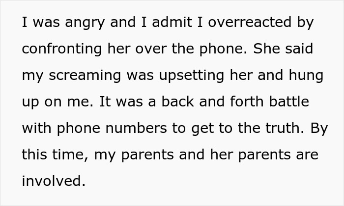 Text excerpt showing a heated phone confrontation about a stolen book and family involvement in the dispute.