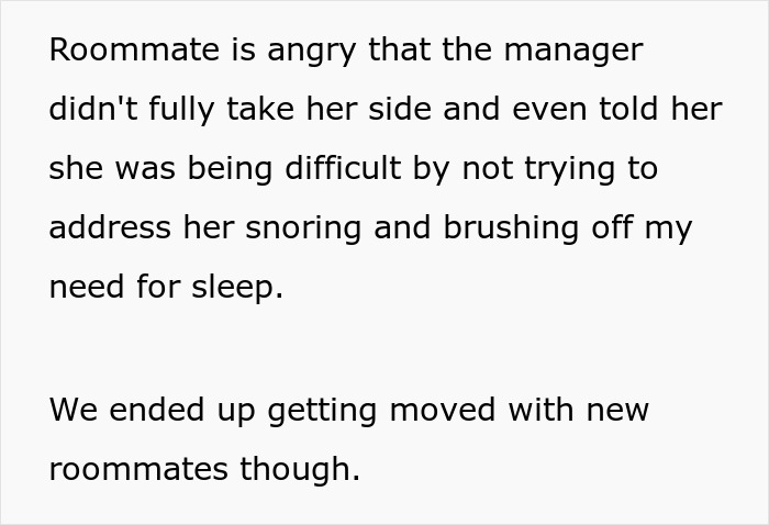 Text excerpt about woman unable to sleep due to roommate’s snoring, causing conflict and need for a move.