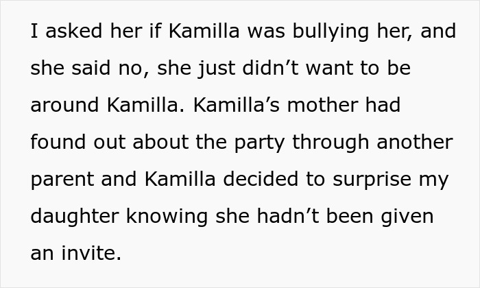 Text discussing a 13-year-old refusing to invite one girl from school, with the mom supporting the decision. Text discussing a 13-year-old refusing to invite one girl from school, with the mom supporting the decision.