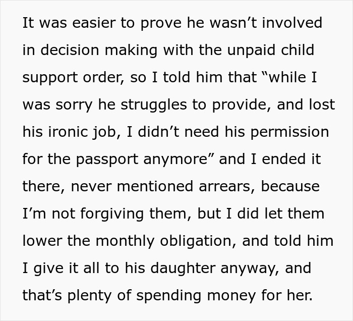 Text excerpt showing a toxic guy struggling with child support and facing consequences years later.