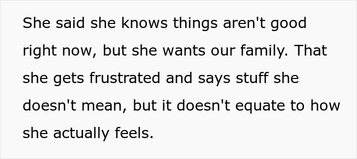 Text excerpt about a wife feeling frustrated and prioritizing work over family, causing hurt feelings. Text excerpt about a wife feeling frustrated and prioritizing work over family, causing hurt feelings.