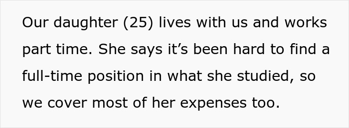 Text discussing adult daughter living at home, working part-time, and parents managing finances after husband's retirement. Text discussing adult daughter living at home, working part-time, and parents managing finances after husband's retirement.