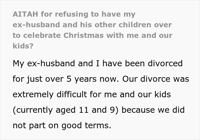 Text excerpt about a woman refusing to host a blended family Christmas with her ex-husband’s affair kids after a difficult divorce. Text excerpt about a woman refusing to host a blended family Christmas with her ex-husband’s affair kids after a difficult divorce.