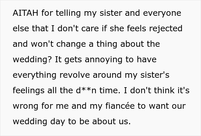 Text excerpt about a guy rejecting sister’s idea for his wedding, causing family tension and rejection sensitive dysphoria. Text excerpt about a guy rejecting sister’s idea for his wedding, causing family tension and rejection sensitive dysphoria.