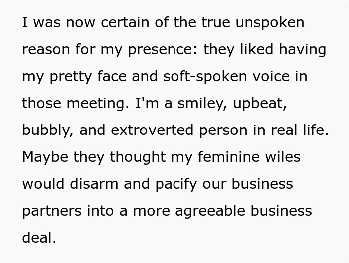 Text excerpt from a female software developer describing being invited to client meetings as a pretty face.