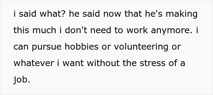 Text message showing a woman refusing to quit her job despite husband’s promotion and family pressure on gender roles.