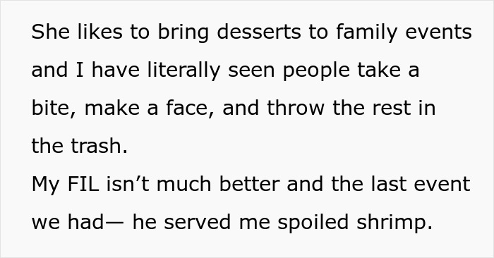 Text excerpt about MIL’s cooking issues, describing desserts people dislike and spoiled shrimp served by FIL at a family event. Text excerpt about MIL’s cooking issues, describing desserts people dislike and spoiled shrimp served by FIL at a family event.