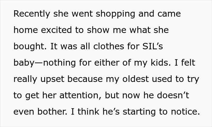Text excerpt about MIL admitting to favoring one grandchild and others feeling like burdens, causing family tension. Text excerpt about MIL admitting to favoring one grandchild and others feeling like burdens, causing family tension.