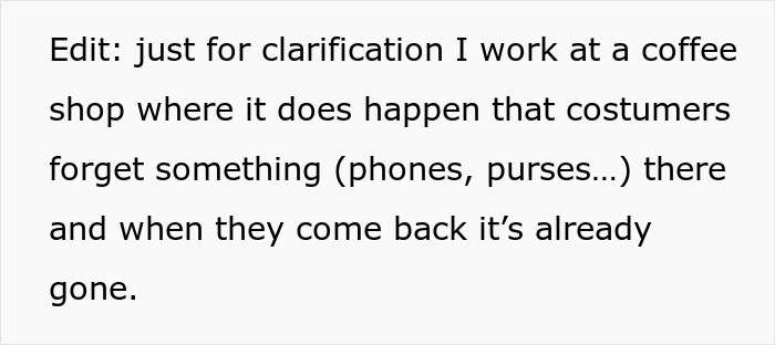 Text excerpt from a woman explaining lost items at her coffee shop, related to coworker's expensive jacket issue. Text excerpt from a woman explaining lost items at her coffee shop, related to coworker's expensive jacket issue.