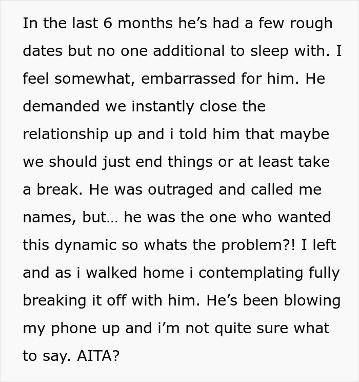 Text describing a person reflecting on their boyfriend opening the relationship but getting no dates and feeling conflicted.