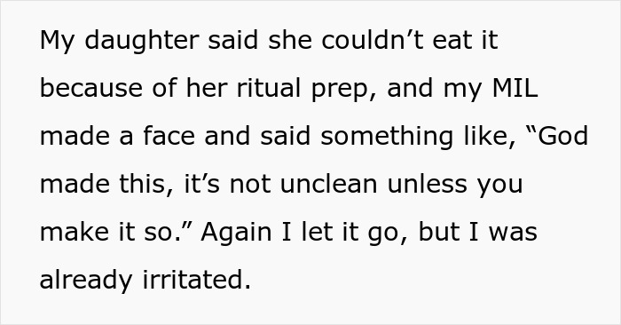 Text excerpt showing a mother irritated as in-laws mock her daughter's paganism and ritual dietary restrictions.