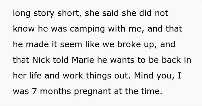 Text excerpt showing a woman explaining a boyfriend cheating on her while she was pregnant during a vacation.