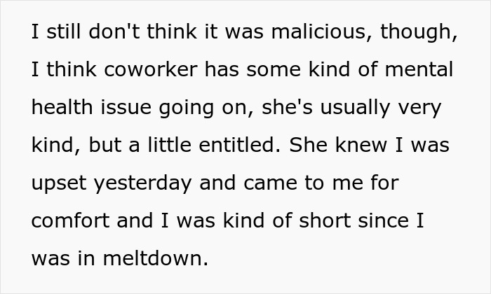Text excerpt discussing a frustrated coworker and emotional reaction in an office swap scenario involving mental health. Text excerpt discussing a frustrated coworker and emotional reaction in an office swap scenario involving mental health.