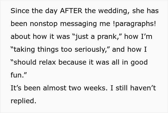 Text highlighting a bridesmaid breaking dress code with a bold red dress at an all-black wedding, shocking guests and bride. Text highlighting a bridesmaid breaking dress code with a bold red dress at an all-black wedding, shocking guests and bride.