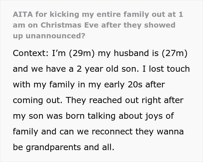 Text post about a family trying to surprise a man on Christmas by arriving at 1 a.m. and getting kicked out instead. Text post about a family trying to surprise a man on Christmas by arriving at 1 a.m. and getting kicked out instead.
