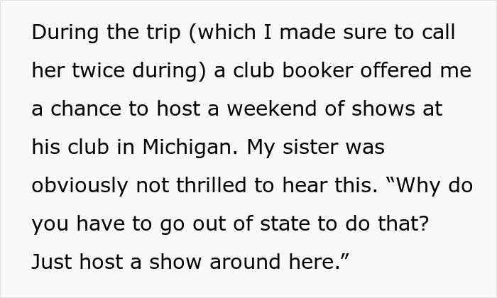 Text excerpt showing a caretaker frustrated by guilt trips after sacrificing career opportunities during family obligations. Text excerpt showing a caretaker frustrated by guilt trips after sacrificing career opportunities during family obligations.