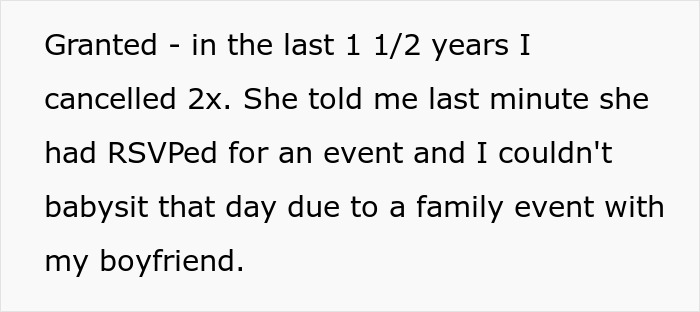 Text about lady expecting free babysitting on demand, shocked when younger sister refuses babysitting after years.