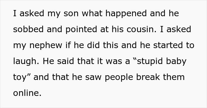 Text excerpt showing a woman explaining how her nephew made fun of a baby toy before she took back the Christmas gift.