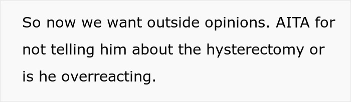 Text post asking if someone is wrong for not telling fiancé about her hysterectomy, seeking opinions on childfree couple conflict.