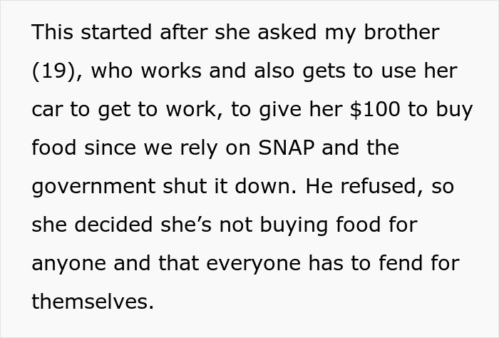 Teen calls out mom for retiring from parenting after telling kids to buy their own food due to SNAP shutdown. Teen calls out mom for retiring from parenting after telling kids to buy their own food due to SNAP shutdown.