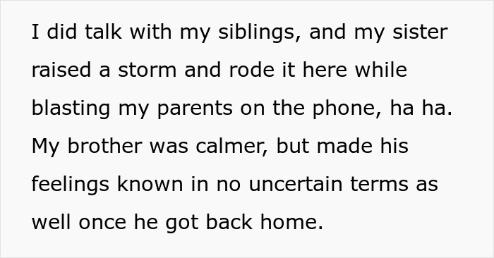 Text excerpt showing siblings discussing a family conflict involving mom, affair, college money, and dad. Text excerpt showing siblings discussing a family conflict involving mom, affair, college money, and dad.