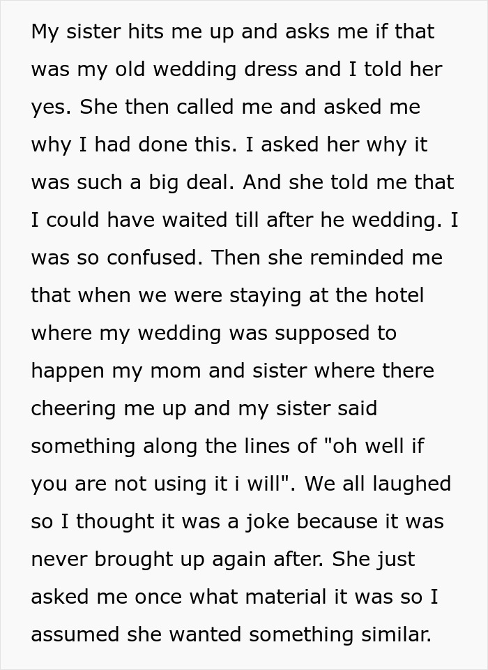 Text message exchange discussing confusion and surprise over remaking a wedding dress instead of giving it to sister. Text message exchange discussing confusion and surprise over remaking a wedding dress instead of giving it to sister.