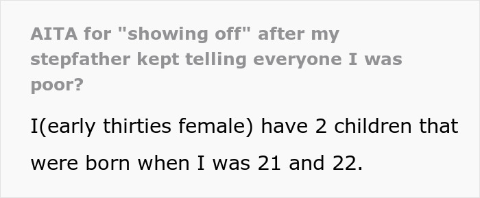Text excerpt showing a woman called poor by stepdad accused of flexing her wealth after giving stepsiblings cars and cash Text excerpt showing a woman called poor by stepdad accused of flexing her wealth after giving stepsiblings cars and cash