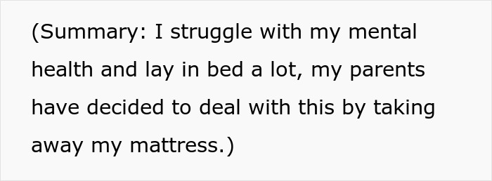 Text highlighting a personal story of mental health struggles with parents removing a mattress to address depression.