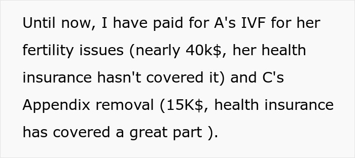 Text excerpt discussing payment for IVF and appendix removal related to family health fund and medical expenses. Text excerpt discussing payment for IVF and appendix removal related to family health fund and medical expenses.
