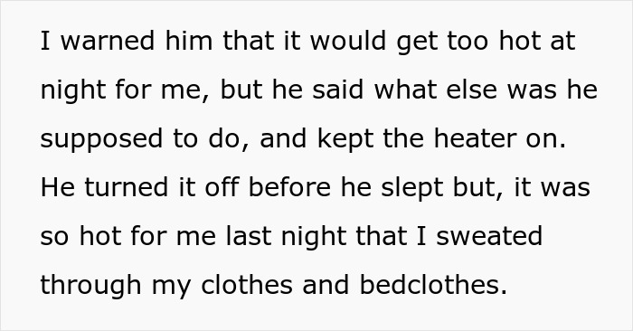 Pregnant woman demanding husband respect after discomfort from heater causing sweating through clothes and bedclothes at night.