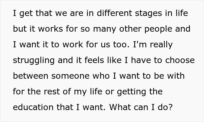 Text about a 30-year-old boyfriend not wanting his 20-year-old girlfriend to attend university due to trust and cheating concerns.