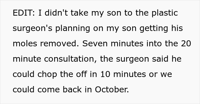 Text excerpt discussing a 12-year-old boy’s mole removal approved by dad as cosmetic surgery without mom’s consent. Text excerpt discussing a 12-year-old boy’s mole removal approved by dad as cosmetic surgery without mom’s consent.