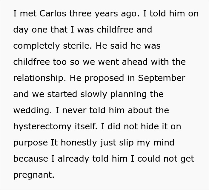 Text explaining a childfree couple in conflict after a prank reveals the woman’s hysterectomy, which her fiancé didn’t know about.