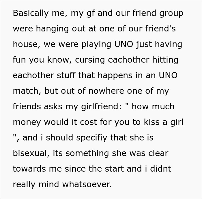 Text excerpt showing a story about a girlfriend kissing another woman in front of friends and its impact on the boyfriend. Text excerpt showing a story about a girlfriend kissing another woman in front of friends and its impact on the boyfriend.