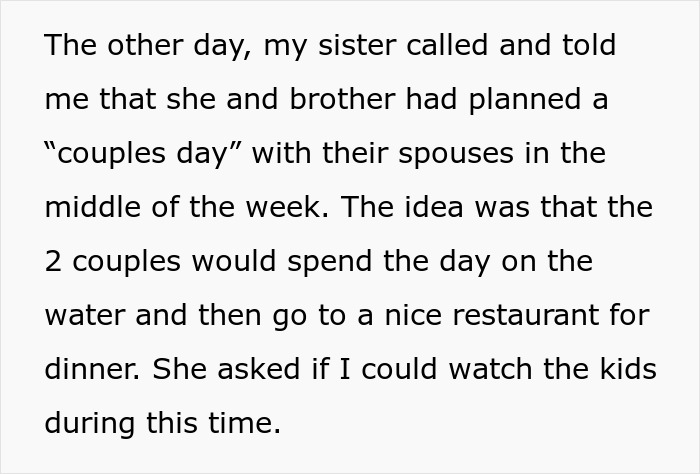 Text excerpt about a guy refusing babysitting on vacation, labeled selfish for wanting to have a life. Text excerpt about a guy refusing babysitting on vacation, labeled selfish for wanting to have a life.