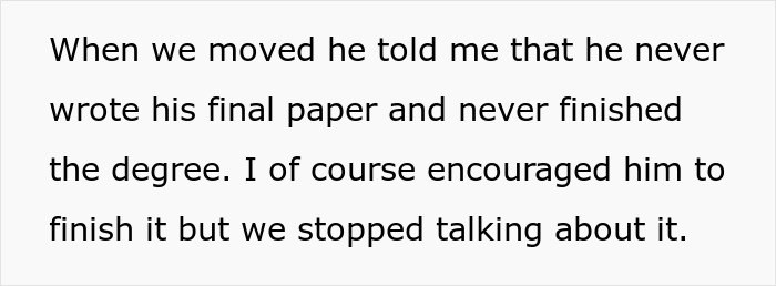 Text excerpt about a man admitting he never finished his Master’s degree after moving, despite encouragement from his wife.