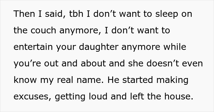 Text excerpt about a fiance refusing to babysit daughter during hunting trip, leading to argument and him leaving the house. Text excerpt about a fiance refusing to babysit daughter during hunting trip, leading to argument and him leaving the house.