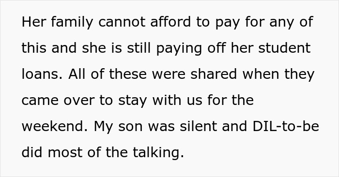 Text discussing future daughter-in-law’s $80,000 wedding demand and wealthy in-laws requesting a prenup in return. Text discussing future daughter-in-law’s $80,000 wedding demand and wealthy in-laws requesting a prenup in return.