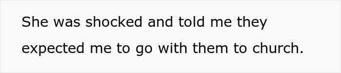 Text on white background stating the girlfriend is shocked and told MIL about church expectations.