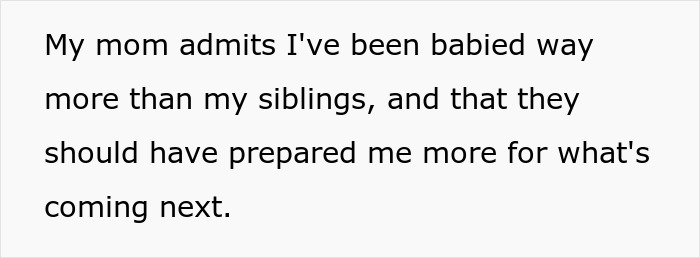 Text on a white background describing a mom admitting to favoring one child with college money over siblings and not preparing for consequences. Text on a white background describing a mom admitting to favoring one child with college money over siblings and not preparing for consequences.
