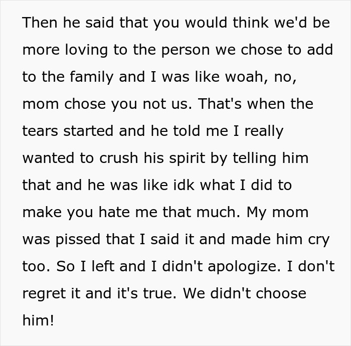 Text excerpt showing a child's perspective on stepdad trying to replace bio dad and feelings of rejection and conflict.