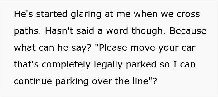 Text conversation describing a male Karen refusing to park his car properly while a neighbor plans revenge after warnings fail. Text conversation describing a male Karen refusing to park his car properly while a neighbor plans revenge after warnings fail.