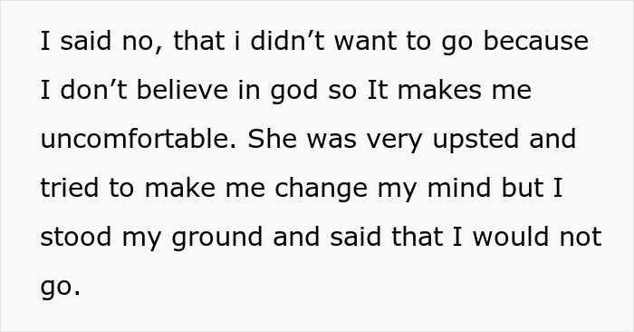 Text showing refusal to attend church due to disbelief in God, upsetting mother-in-law about praying and church attendance.