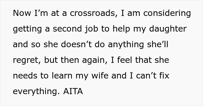 Text discussing considering a second job to support daughter’s money needs and potential surgeries at a life crossroads. Text discussing considering a second job to support daughter’s money needs and potential surgeries at a life crossroads.